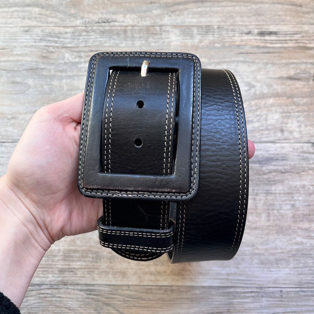 Vintage Banana Republic Brown Black Leather Belt Large Square Buckle Size 34